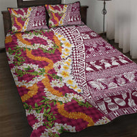 Hawaiian Plumeria Lei Quilt Bed Set Kakau Motifs and Palaka Half Style Pink Color - Polynesian Pride