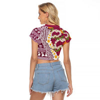 Hawaiian Plumeria Lei Raglan Cropped T Shirt Kakau Motifs and Palaka Half Style Pink Color - Polynesian Pride