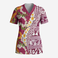 Hawaiian Plumeria Lei Scrub Top Kakau Motifs and Palaka Half Style Pink Color - Polynesian Pride