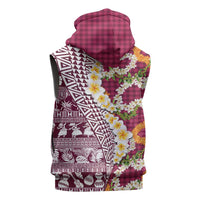 Hawaiian Plumeria Lei Sleeveless Hoodie Kakau Motifs and Palaka Half Style Pink Color - Polynesian Pride