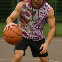 Hawaiian Plumeria Lei Sleeveless Hoodie Kakau Motifs and Palaka Half Style Pink Color - Polynesian Pride