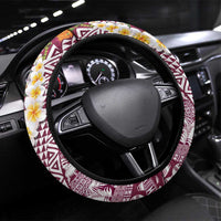 Hawaiian Plumeria Lei Steering Wheel Cover Kakau Motifs and Palaka Half Style Pink Color - Polynesian Pride