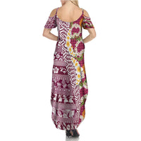 Hawaiian Plumeria Lei Summer Maxi Dress Kakau Motifs and Palaka Half Style Pink Color - Polynesian Pride