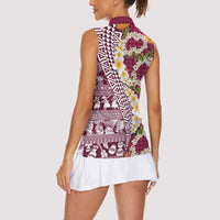 Hawaiian Plumeria Lei Women Sleeveless Polo Shirt Kakau Motifs and Palaka Half Style Pink Color - Polynesian Pride