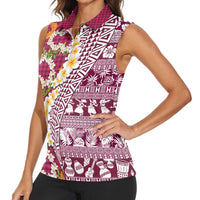 Hawaiian Plumeria Lei Women Sleeveless Polo Shirt Kakau Motifs and Palaka Half Style Pink Color - Polynesian Pride