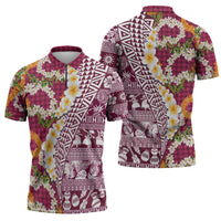 Hawaiian Plumeria Lei Zipper Polo Shirt Kakau Motifs and Palaka Half Style Pink Color - Polynesian Pride