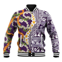 Hawaiian Plumeria Lei Baseball Jacket Kakau Motifs and Palaka Half Style Purple Color - Polynesian Pride