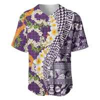Hawaiian Plumeria Lei Baseball Jersey Kakau Motifs and Palaka Half Style Purple Color - Polynesian Pride