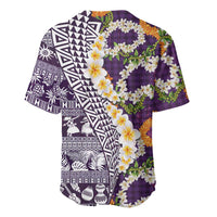 Hawaiian Plumeria Lei Baseball Jersey Kakau Motifs and Palaka Half Style Purple Color - Polynesian Pride