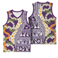 Hawaiian Plumeria Lei Basketball Jersey Kakau Motifs and Palaka Half Style Purple Color - Polynesian Pride