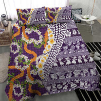 Hawaiian Plumeria Lei Bedding Set Kakau Motifs and Palaka Half Style Purple Color - Polynesian Pride
