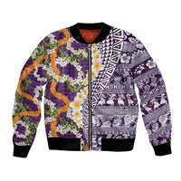 Hawaiian Plumeria Lei Bomber Jacket Kakau Motifs and Palaka Half Style Purple Color - Polynesian Pride