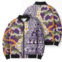 Hawaiian Plumeria Lei Bomber Puffer Jacket Kakau Motifs and Palaka Half Style Purple Color - Polynesian Pride