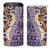Hawaiian Plumeria Lei 4 in 1 Can Cooler Tumbler Kakau Motifs and Palaka Half Style Purple Color - Polynesian Pride