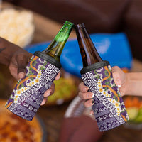 Hawaiian Plumeria Lei 4 in 1 Can Cooler Tumbler Kakau Motifs and Palaka Half Style Purple Color - Polynesian Pride