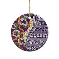 Hawaiian Plumeria Lei Ceramic Ornament Kakau Motifs and Palaka Half Style Purple Color - Polynesian Pride