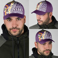 Hawaiian Plumeria Lei Classic Cap Kakau Motifs and Palaka Half Style Purple Color - Polynesian Pride
