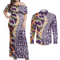 Hawaiian Plumeria Lei Couples Matching Off Shoulder Maxi Dress and Long Sleeve Button Shirt Kakau Motifs and Palaka Half Style Purple Color - Polynesian Pride