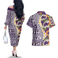Hawaiian Plumeria Lei Couples Matching Off The Shoulder Long Sleeve Dress and Hawaiian Shirt Kakau Motifs and Palaka Half Style Purple Color - Polynesian Pride