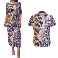 Hawaiian Plumeria Lei Couples Matching Puletasi and Hawaiian Shirt Kakau Motifs and Palaka Half Style Purple Color - Polynesian Pride