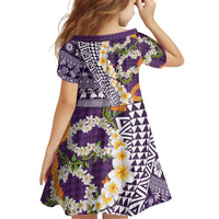 Hawaiian Plumeria Lei Family Matching Long Sleeve Bodycon Dress and Hawaiian Shirt Kakau Motifs and Palaka Half Style Purple Color LT03 - Polynesian Pride