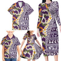 Hawaiian Plumeria Lei Family Matching Long Sleeve Bodycon Dress and Hawaiian Shirt Kakau Motifs and Palaka Half Style Purple Color - Polynesian Pride
