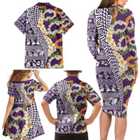 Hawaiian Plumeria Lei Family Matching Long Sleeve Bodycon Dress and Hawaiian Shirt Kakau Motifs and Palaka Half Style Purple Color - Polynesian Pride