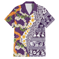 Hawaiian Plumeria Lei Family Matching Long Sleeve Bodycon Dress and Hawaiian Shirt Kakau Motifs and Palaka Half Style Purple Color LT03 Dad's Shirt - Short Sleeve Purple - Polynesian Pride