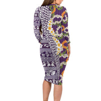 Hawaiian Plumeria Lei Family Matching Long Sleeve Bodycon Dress and Hawaiian Shirt Kakau Motifs and Palaka Half Style Purple Color - Polynesian Pride