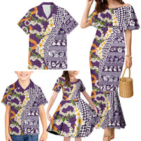 Hawaiian Plumeria Lei Family Matching Mermaid Dress and Hawaiian Shirt Kakau Motifs and Palaka Half Style Purple Color - Polynesian Pride