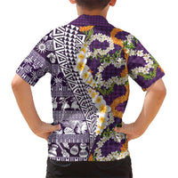 Hawaiian Plumeria Lei Family Matching Off The Shoulder Long Sleeve Dress and Hawaiian Shirt Kakau Motifs and Palaka Half Style Purple Color LT03 - Polynesian Pride