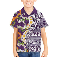 Hawaiian Plumeria Lei Family Matching Off The Shoulder Long Sleeve Dress and Hawaiian Shirt Kakau Motifs and Palaka Half Style Purple Color LT03 Son's Shirt Purple - Polynesian Pride