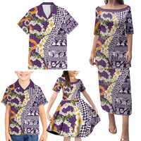 Hawaiian Plumeria Lei Family Matching Puletasi and Hawaiian Shirt Kakau Motifs and Palaka Half Style Purple Color - Polynesian Pride