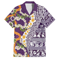 Hawaiian Plumeria Lei Family Matching Puletasi and Hawaiian Shirt Kakau Motifs and Palaka Half Style Purple Color - Polynesian Pride