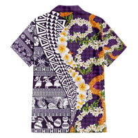 Hawaiian Plumeria Lei Family Matching Puletasi and Hawaiian Shirt Kakau Motifs and Palaka Half Style Purple Color - Polynesian Pride
