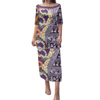 Hawaiian Plumeria Lei Family Matching Puletasi and Hawaiian Shirt Kakau Motifs and Palaka Half Style Purple Color - Polynesian Pride