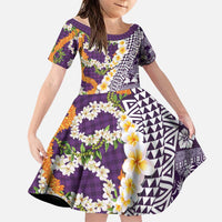 Hawaiian Plumeria Lei Family Matching Short Sleeve Bodycon Dress and Hawaiian Shirt Kakau Motifs and Palaka Half Style Purple Color LT03 Daughter's Dress Purple - Polynesian Pride