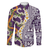 Hawaiian Plumeria Lei Family Matching Summer Maxi Dress and Hawaiian Shirt Kakau Motifs and Palaka Half Style Purple Color LT03 Dad's Shirt - Long Sleeve Purple - Polynesian Pride