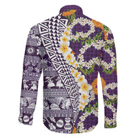 Hawaiian Plumeria Lei Family Matching Tank Maxi Dress and Hawaiian Shirt Kakau Motifs and Palaka Half Style Purple Color LT03 - Polynesian Pride