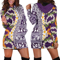 Hawaiian Plumeria Lei Hoodie Dress Kakau Motifs and Palaka Half Style Purple Color - Polynesian Pride