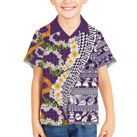 Hawaiian Plumeria Lei Kid Hawaiian Shirt Kakau Motifs and Palaka Half Style Purple Color - Polynesian Pride