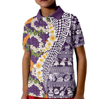 Hawaiian Plumeria Lei Kid Polo Shirt Kakau Motifs and Palaka Half Style Purple Color - Polynesian Pride