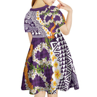 Hawaiian Plumeria Lei Kid Short Sleeve Dress Kakau Motifs and Palaka Half Style Purple Color - Polynesian Pride