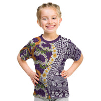 Hawaiian Plumeria Lei Kid T Shirt Kakau Motifs and Palaka Half Style Purple Color - Polynesian Pride