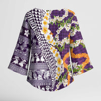 Hawaiian Plumeria Lei Kimono Sleeve Blouse Kakau Motifs and Palaka Half Style Purple Color - Polynesian Pride