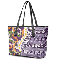 Hawaiian Plumeria Lei Leather Tote Bag Kakau Motifs and Palaka Half Style Purple Color - Polynesian Pride
