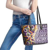 Hawaiian Plumeria Lei Leather Tote Bag Kakau Motifs and Palaka Half Style Purple Color - Polynesian Pride