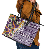 Hawaiian Plumeria Lei Leather Tote Bag Kakau Motifs and Palaka Half Style Purple Color - Polynesian Pride