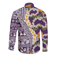 Hawaiian Plumeria Lei Long Sleeve Button Shirt Kakau Motifs and Palaka Half Style Purple Color - Polynesian Pride