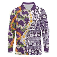 Hawaiian Plumeria Lei Long Sleeve Polo Shirt Kakau Motifs and Palaka Half Style Purple Color - Polynesian Pride